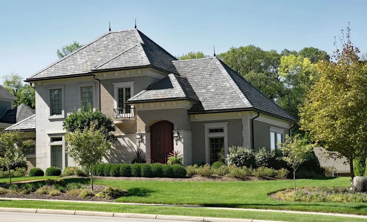 Home with a newly installed slate-style shingle roof